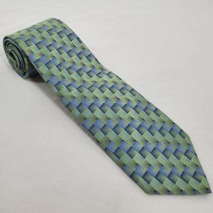 Van Heusen Silk Necktie Blue Green Geometric Pattern Stain Resistant